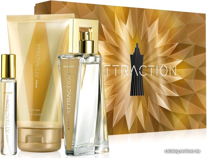 Парфюмерный набор Avon Attraction Парфюмерная вода+Парфюмерная вода+Лосьон для тела (50 мл+10 мл+150 мл)
Парфюмерный набор Avon Attraction Парфюмерная вода+Парфюмерная вода+Лосьон для тела (50 мл+10 мл+150 мл)