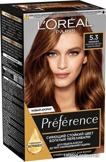 Крем-краска для волос L'Oreal Recital Preference 5.3 Монако золотой светло-каштановый
Крем-краска для волос L'Oreal Recital Preference 5.3 Монако золотой светло-каштановый
