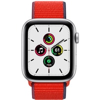 Умные часы Apple Watch SE 44 мм (алюминий серебристый/красный нейлон) в Пинске