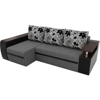 Угловой диван Лига диванов Майами 103037 (левый, рогожка/экокожа/флок, серый/черный/цветы)