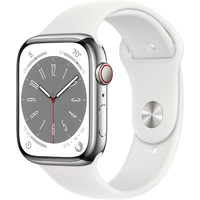 Умные часы Apple Watch Series 8 45 мм (корпус из нержавеющей стали, серебристый/белый, спортивные силиконовые ремешки S/M + M/L) в Пинске