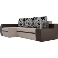 Угловой диван Лига диванов Майами 103032 (левый, рогожка/экокожа, бежевый/коричневый/цветы)