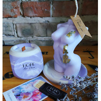 Набор свечей Hope Ar Deco в в фиолетово-белом гипсовом стакане с ароматом Темный янтарь 120 г + Лилу Violet 265 г