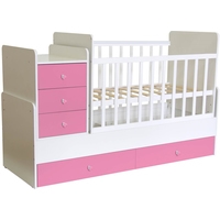 Кроватка-трансформер Polini Kids Simple 1100 с комодом (белый/розовый)