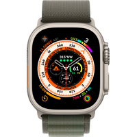 Умные часы Apple Watch Ultra LTE 49 мм (титановый корпус, титановый/темно-зеленый, текстильный ремешок размера S)