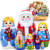 Рождественские Матрешки: Дед Мороз, Снегурочка и дети (набор 7 шт)