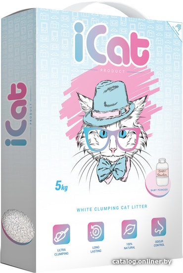 

Наполнитель для туалета iCat комкующийся белый с ароматом детской присыпки 5 кг