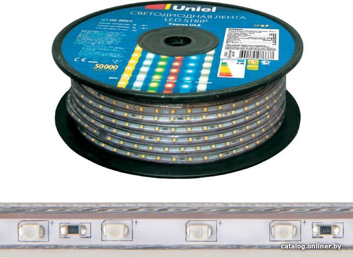 

Светодиодная лента Uniel ULS-5050-60LED/m-16mm-IP67-220V-14,4W/m-50M-RGB