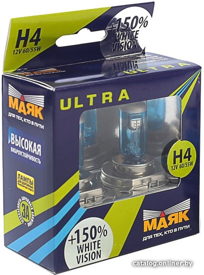 

Галогенная лампа Маяк H4 12V-60/55W White Vision +150% 2шт