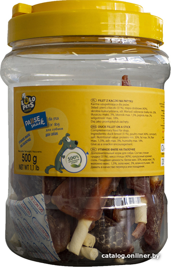 

Лакомство для собак Lolo Pets Утиное филе на палочке 500 г (в банке)