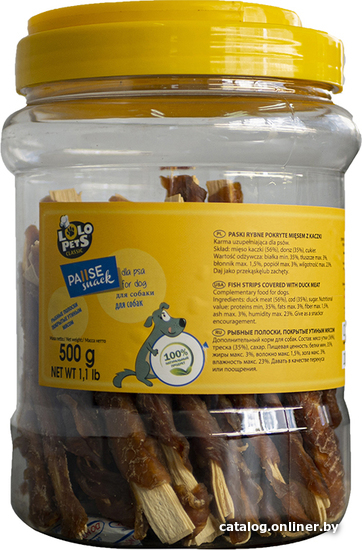 

Лакомство для собак Lolo Pets Рыбные полоски покрытые утиным мясом 500 г (в банке)
