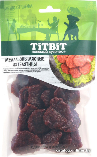 

Лакомство для собак TiTBiT Медальоны мясные из телятины Меню от Шефа 80 г