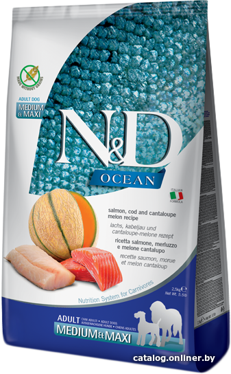 

Сухой корм для собак Farmina N&D Ocean Salmon, Codfish & Cantaloupe Melon Adult Medium&Maxi (с лососем, треской и мускусной дыней) 2.5 кг