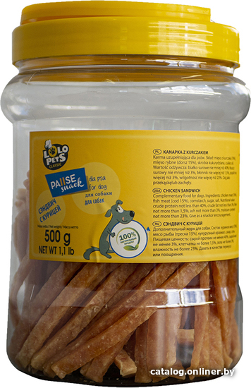 

Лакомство для собак Lolo Pets Мягкие куриные полоски 500 г ( в банке)