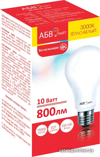 

Светодиодная лампочка АБВ LED лайт A60 E27 10 Вт 3000К