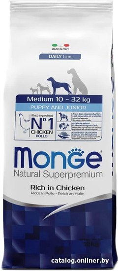 

Сухой корм для собак Monge Medium Puppy & Junior Daily Line Rich in Chicken (для щенков средних пород с курицей) 12 кг
