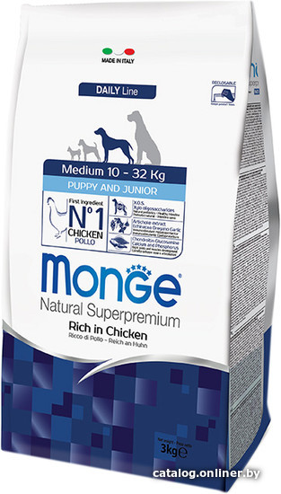 

Сухой корм для собак Monge Medium Puppy & Junior Rich in Chicken 15 кг
