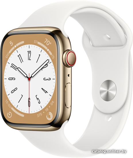

Умные часы Apple Watch Series 8 45 мм (корпус из нержавеющей стали, золотистый/белый, спортивный силиконовый)
