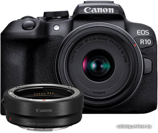 

Беззеркальный фотоаппарат Canon EOS R10 RF-S 18-45mm F4.5-6.3 IS STM + адаптер крепления EF-EOS R