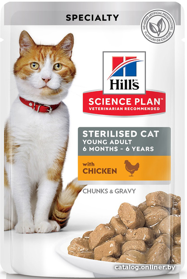 

Пресервы Hill's Science Plan Sterilised Adult для молодых стерилизованных кошек и кастрированных котов, пауч с курицей в соусе 85 г