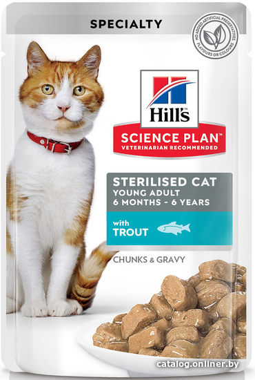 

Пресервы Hill's Science Plan Feline Sterilised Young Adult with Trout для молодых стерилизованных кошек и кастрированных котов, с форелью 85 г