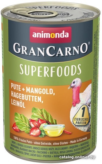 

Консервированный корм для собак Animonda Gran Carno Superfoods (Индейка, мангольд, шиповник, льняное масло) 0.4 кг