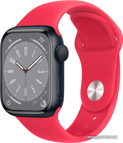 

Умные часы Apple Watch Series 8 41 мм (алюминиевый корпус, полуночный/красный, спортивный силиконовый ремешок)