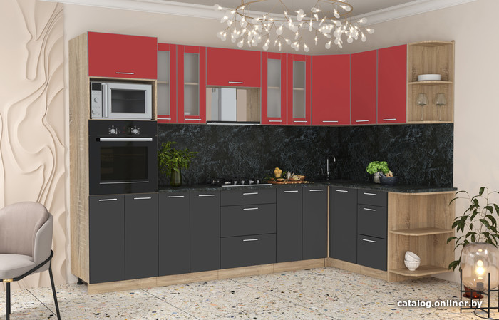 

Готовая кухня Интерлиния Мила 1.68x3.0 правая (красный/антрацит/кастилло темный)