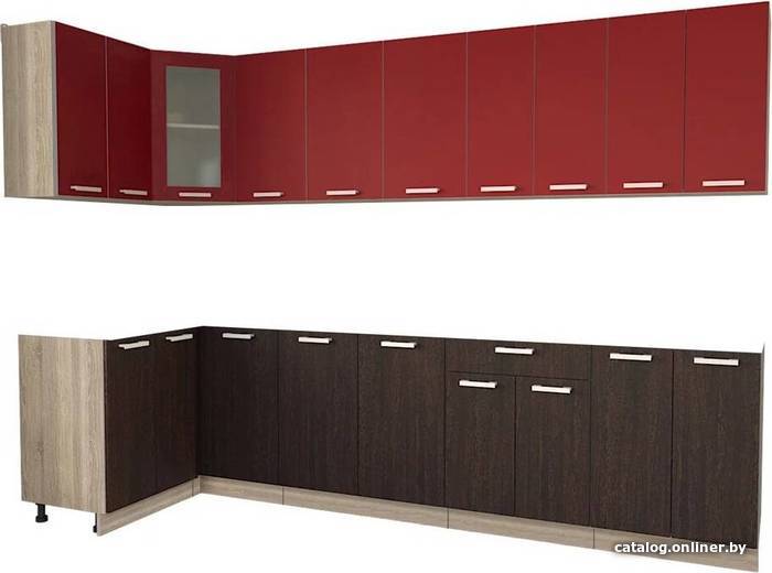

Готовая кухня Интерлиния Мила 12x30 без столешницы (красный/дуб венге)