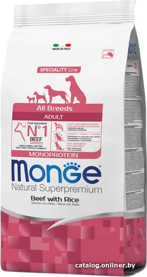 

Сухой корм для собак Monge All Breeds Adult Monoprotein Beef with Rice 15 кг