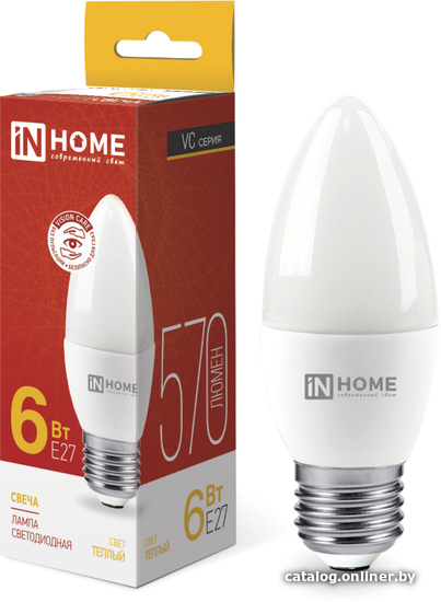 

Светодиодная лампочка In Home LED-Свеча-VC 6Вт 230В Е27 3000К 570Лм 4690612020402