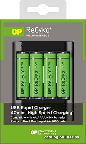 

Аккумуляторы + зарядное GP USB Rapid Charger U421 + 4x2700mAh U421270WA22GSFE-2GBEA4