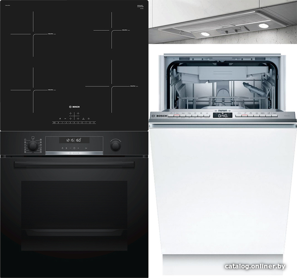 

Комплект встраиваемой техники Bosch HBA578BB0 + PUE611FB1E + SPV4EMX16E + Elica ELIBLOC HT GR A/60