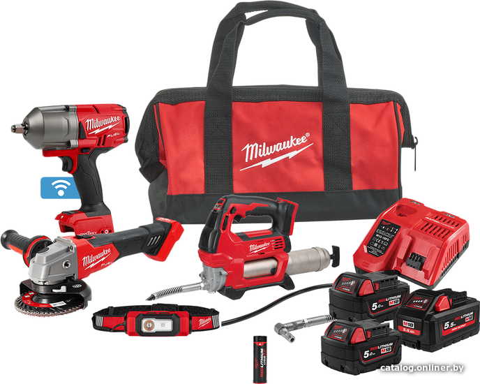 

Milwaukee M18 FUEL M18FPP5N-554BEU 4933492526 (гайковерт, смазочный пистолет, угловая шлифмашина, фонарь, 3 АКБ, сумка)