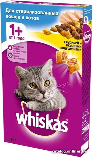 

Сухой корм для кошек Whiskas для стерилизованных с курицей и вкусными подушечками 0.35 кг