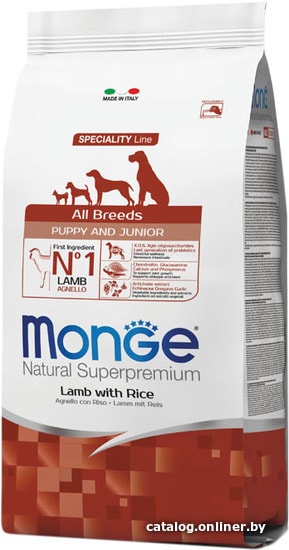 

Сухой корм для собак Monge All Breeds Puppy & Junior Lamb and Rice 15 кг