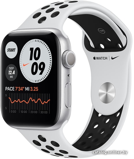 

Умные часы Apple Watch Series 6 Nike 44 мм (алюминий серебристый/белый, черный)