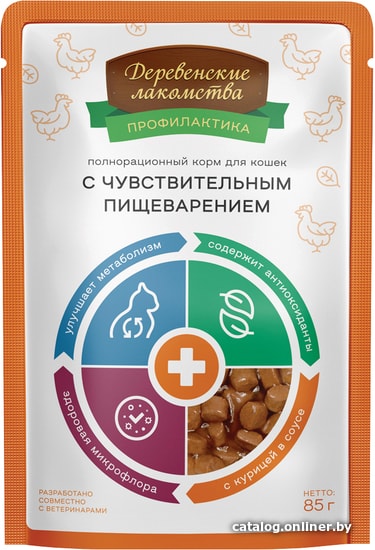 

Лакомство для кошек Деревенские лакомства Корм с курицей в соусе 85 г