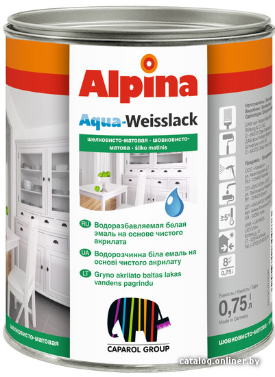 

Эмаль Alpina Aqua Weisslack (шелковисто-матовая, 0.75 л)
