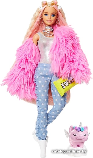 

Кукла Barbie Extra Doll 3 in Pink Coat with Pet Unicorn-Pig GRN28
