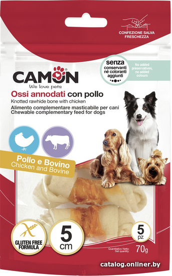 

Лакомство для собак Camon Knotted rawhide bone with chicken 70 г (5 см)