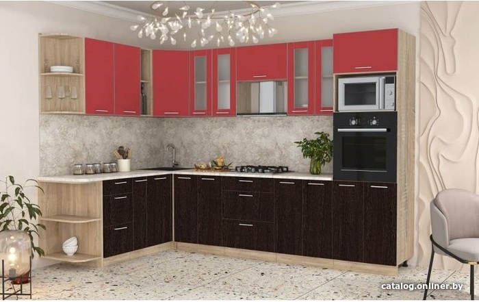 

Готовая кухня Интерлиния Мила 1.88x3.0 левая (красный-дуб венге-малага)