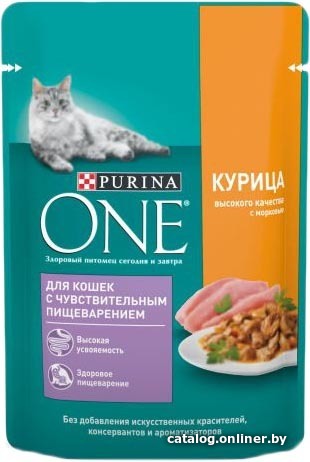 

Пресервы Purina ONE с чувствительным пищеварением с курицей и морковью 75 г