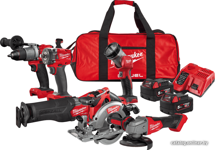 

Milwaukee M18 FUEL M18FPP6L2-502B (шуруповерт, гайковерт, циркулярная и сабельная пилы, болгарка, фонарь, 2 АКБ, сумка)