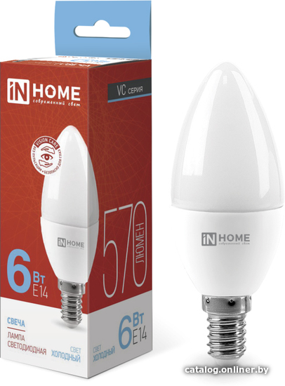 

Светодиодная лампочка In Home LED-Свеча-VC 6Вт 230В Е14 6500К 570Лм 4690612030333