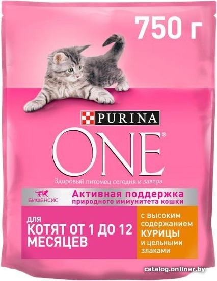 

Сухой корм для кошек Purina ONE для котят с курицей и цельными злаками 750 г
