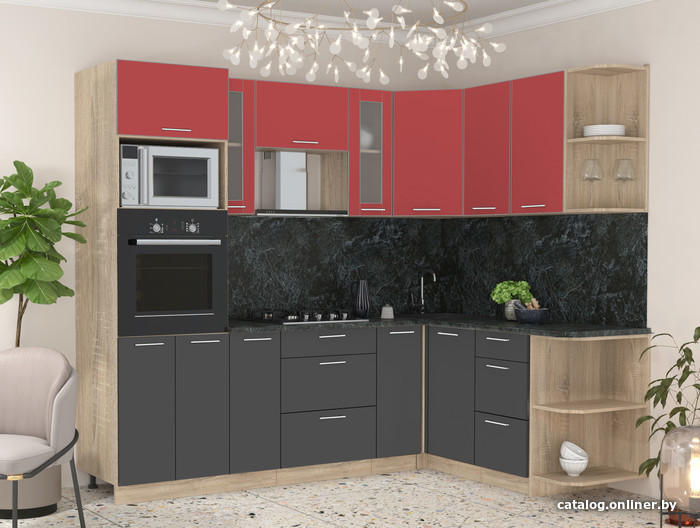 

Готовая кухня Интерлиния Мила 1.68x2.4 правая (красный/антрацит/кастилло темный)