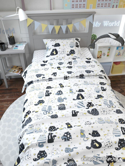 

Постельное белье Amarobaby Time to Sleep Котики AMARO-3403-KB (белый/синий)