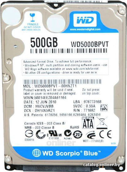 

Жесткий диск WD Scorpio Blue 500 Гб (WD5000BPVT)