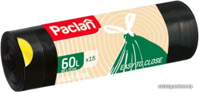 

Пакеты для мусора Paclan Eco Line с тесьмой 60 л (15 шт, черный)